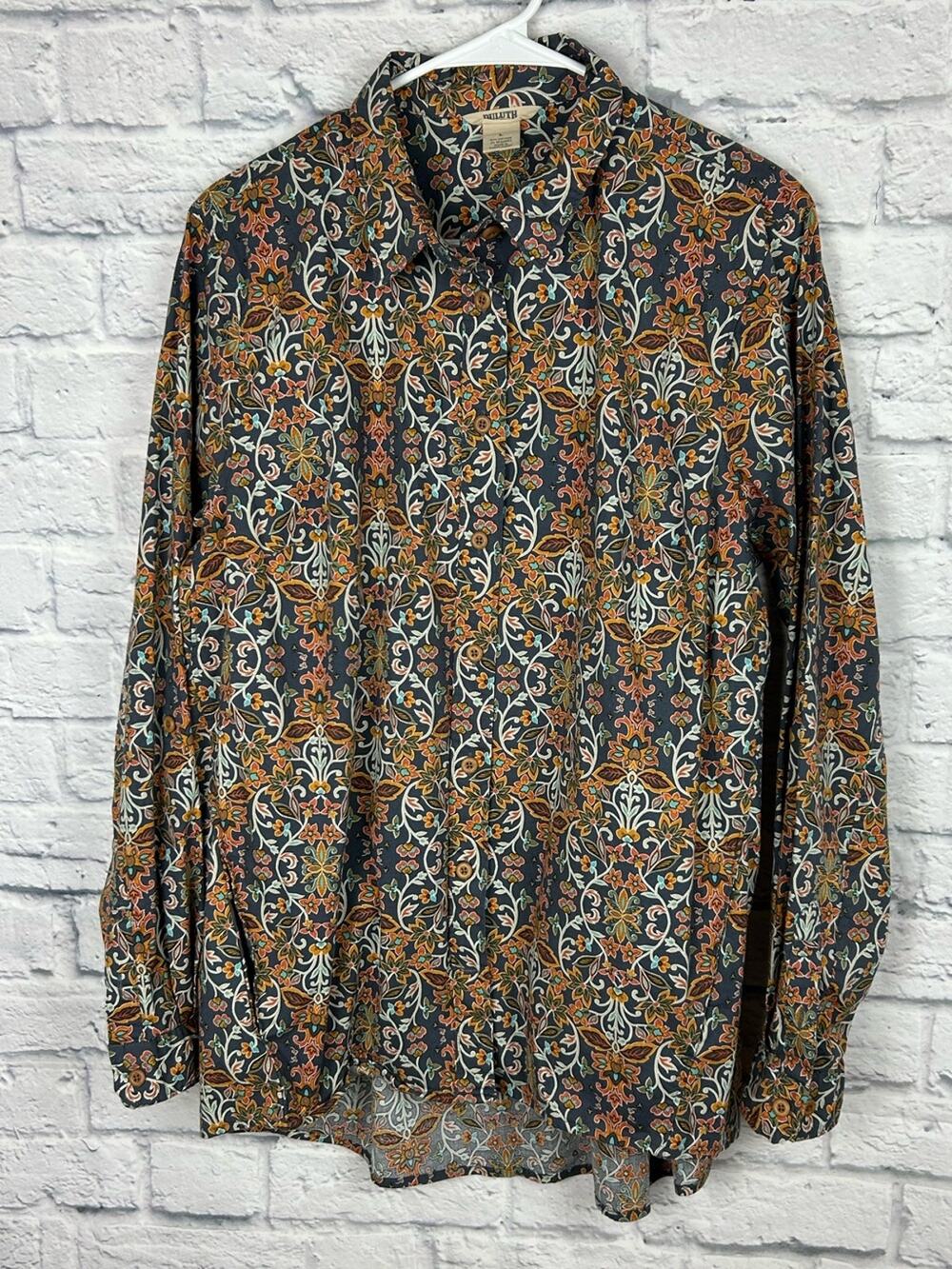 Duluth Trading Co Women’s Large Floral Button Down Tunic Shirt Cotton Stretch